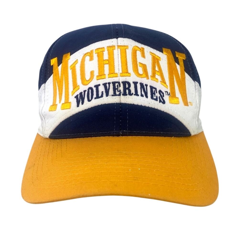 Vtg 90s Logo 7 University of Michigan Wolverines Blue Yellow White Snapback Hat